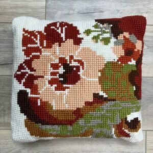 Vintage Floral Needlepoint Throw Pillow Cottage Cottagecore Earth Tones Handmade